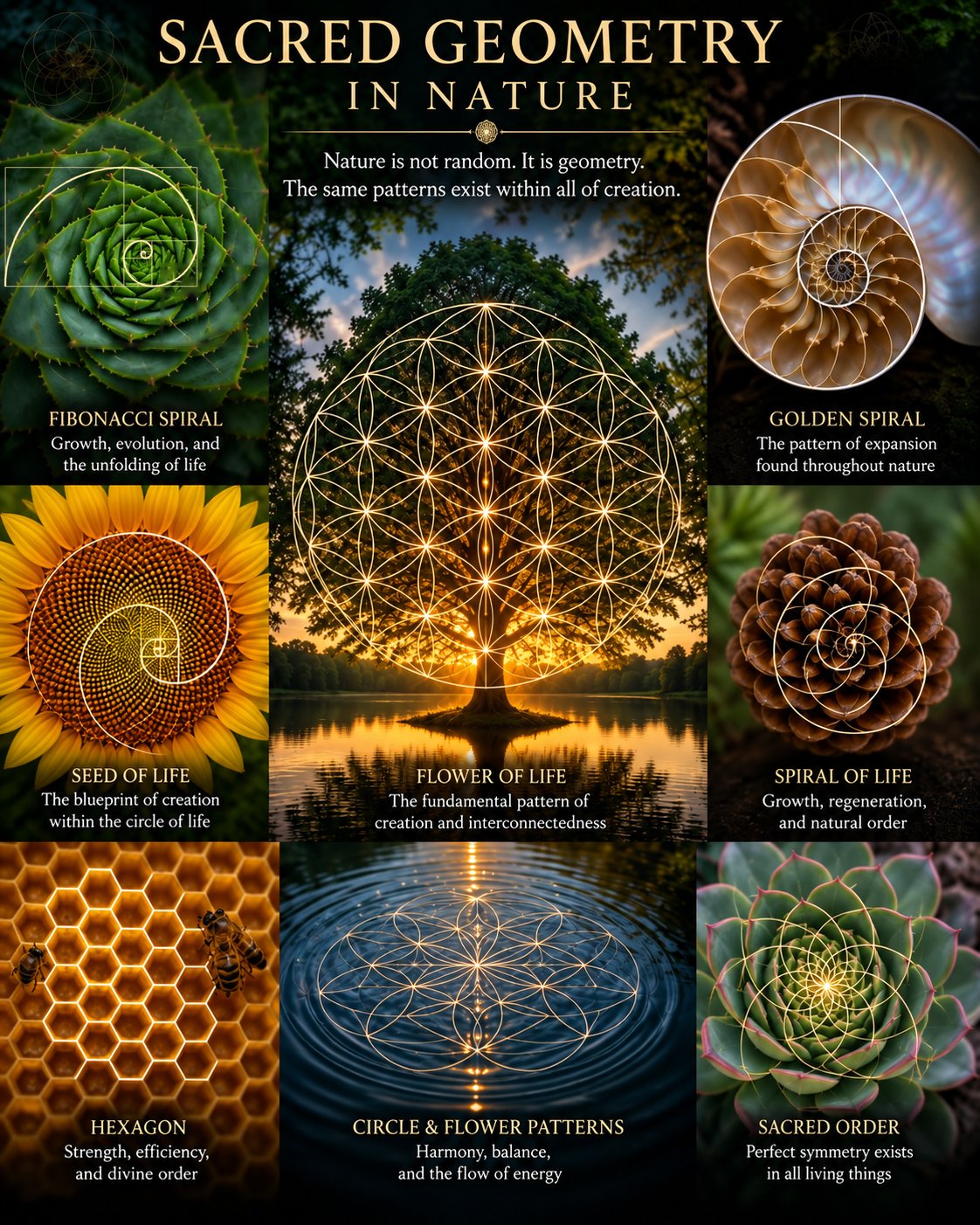 Sacred Geometry in Nature — Fibonacci spiral in aloe, golden spiral in nautilus shell, Seed of Life in a sunflower, Flower of Life, hexagons in honeycomb and sacred order in living things